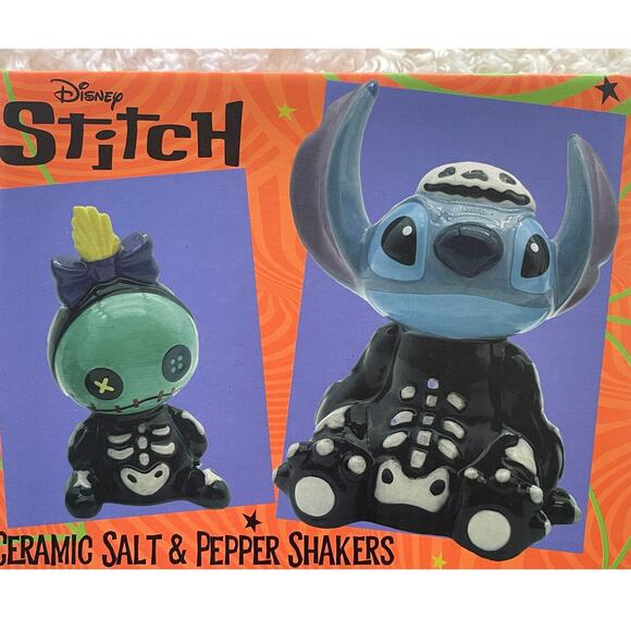 Disney Stitch & Scrump Halloween Skeleton Ceramic Salt & Pepper Shakers NEW - Picture 4 of 10